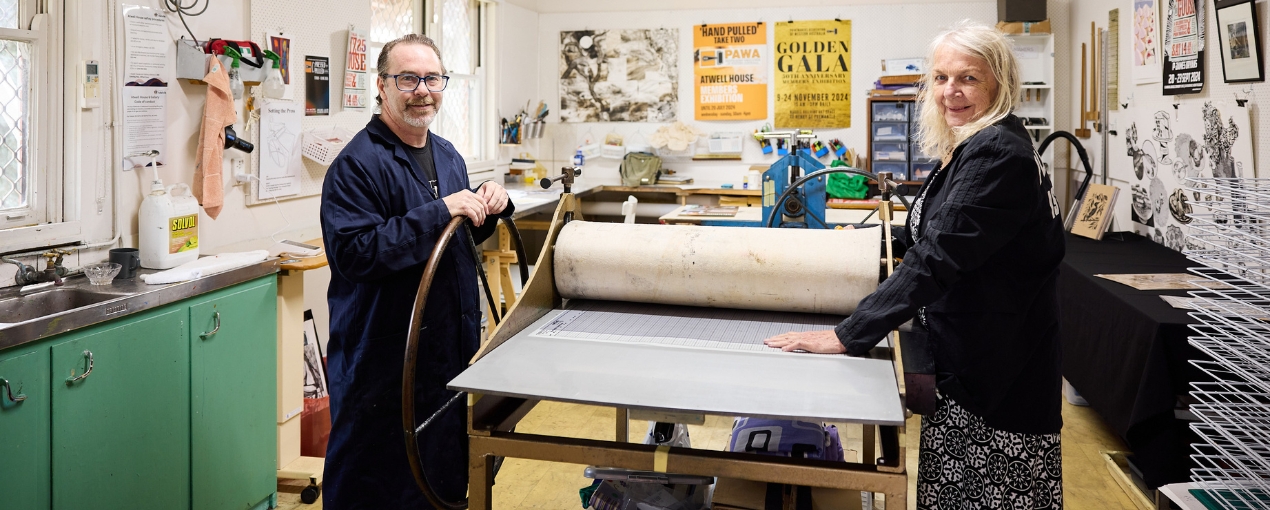 Printmakers Association of Western Australia (PAWA) in their Atwell Studio as part of Melville Open Studios 2025, photograph by Jessica Wyld