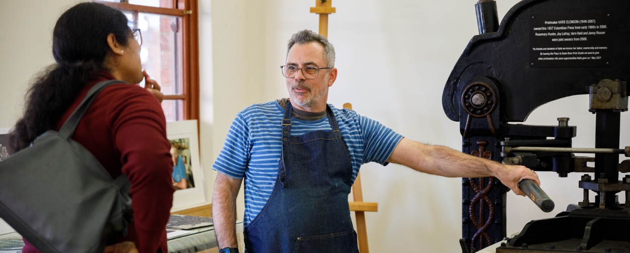 Printmaker Dominique Coiffait at the Swan River Print Studio as part of Melville Open Studios 2024, photograph by Luke Riley