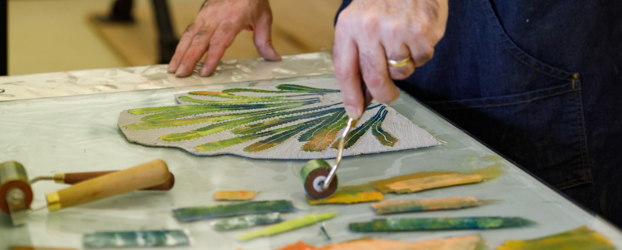 Printmaker Dominique Coiffait in action as part of Melville Open Studios 2024, photograph by Luke Riley