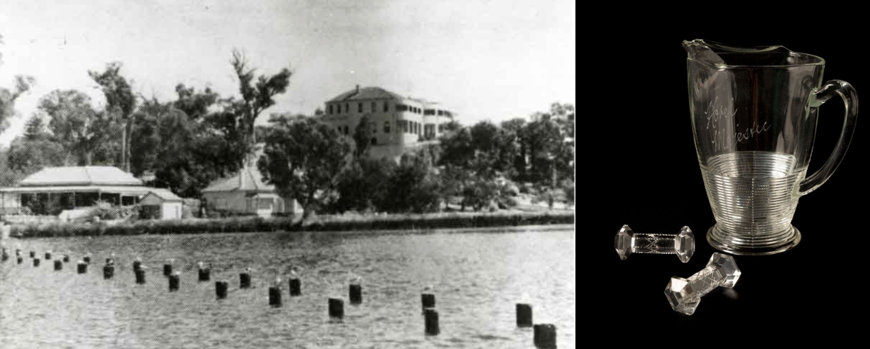 Photograph of old Applecross Jetty and glass beer jug from Majestic Hotel  - see description below