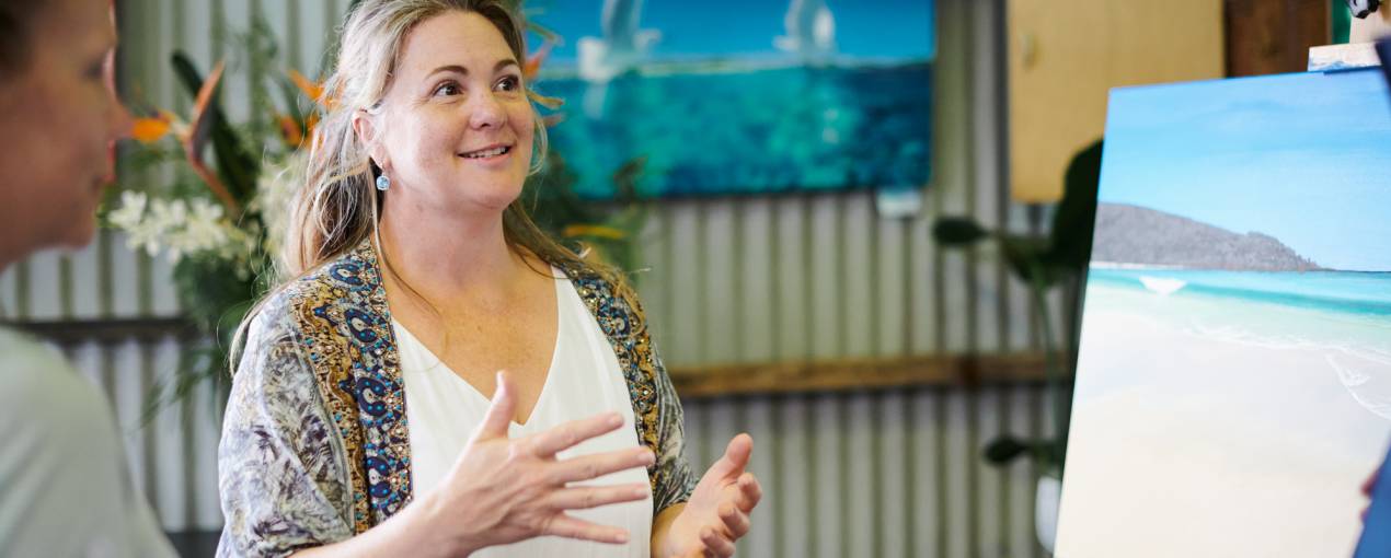 Artist Kirsty Watkins at Studio Door, Myaree,  Melville Open Studios 2022