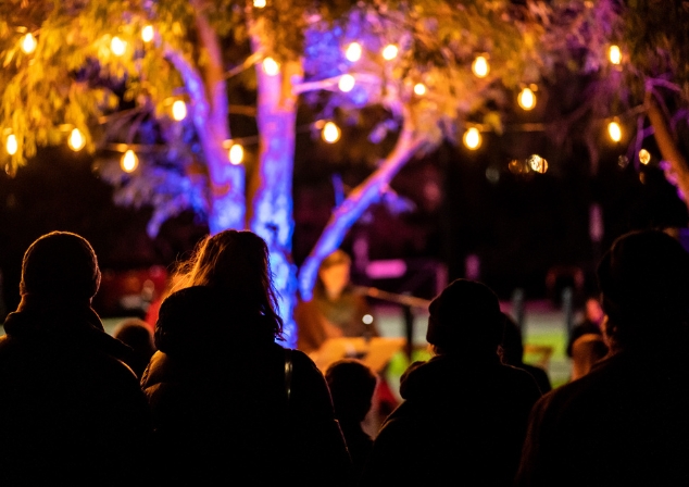 Crowd watching performance at Melville Midwinter with festoon lights in the background