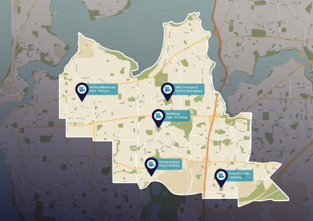 A map of Melville with location pins