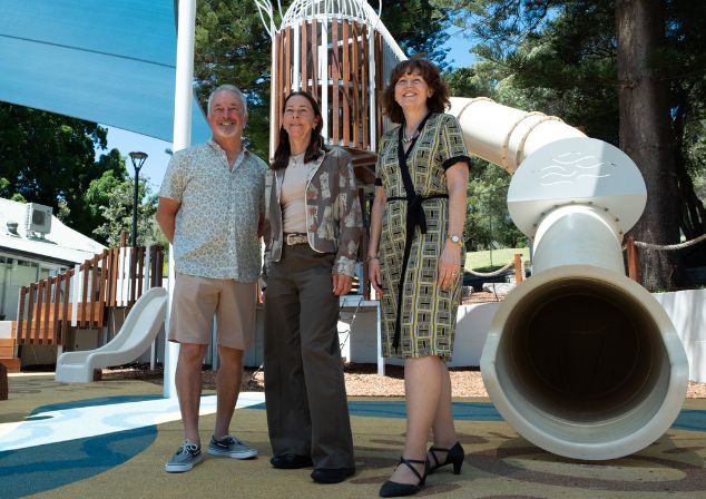 City of Melville Councillor George Panayotou, Mayor Katy Mair and Chief Executive Officer Gail Bowman at the Dyoondalup Point Walter playground.