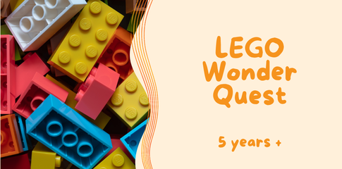 An image of multi coloured lego bricks in a pile, with the name of the workshop on a banner.