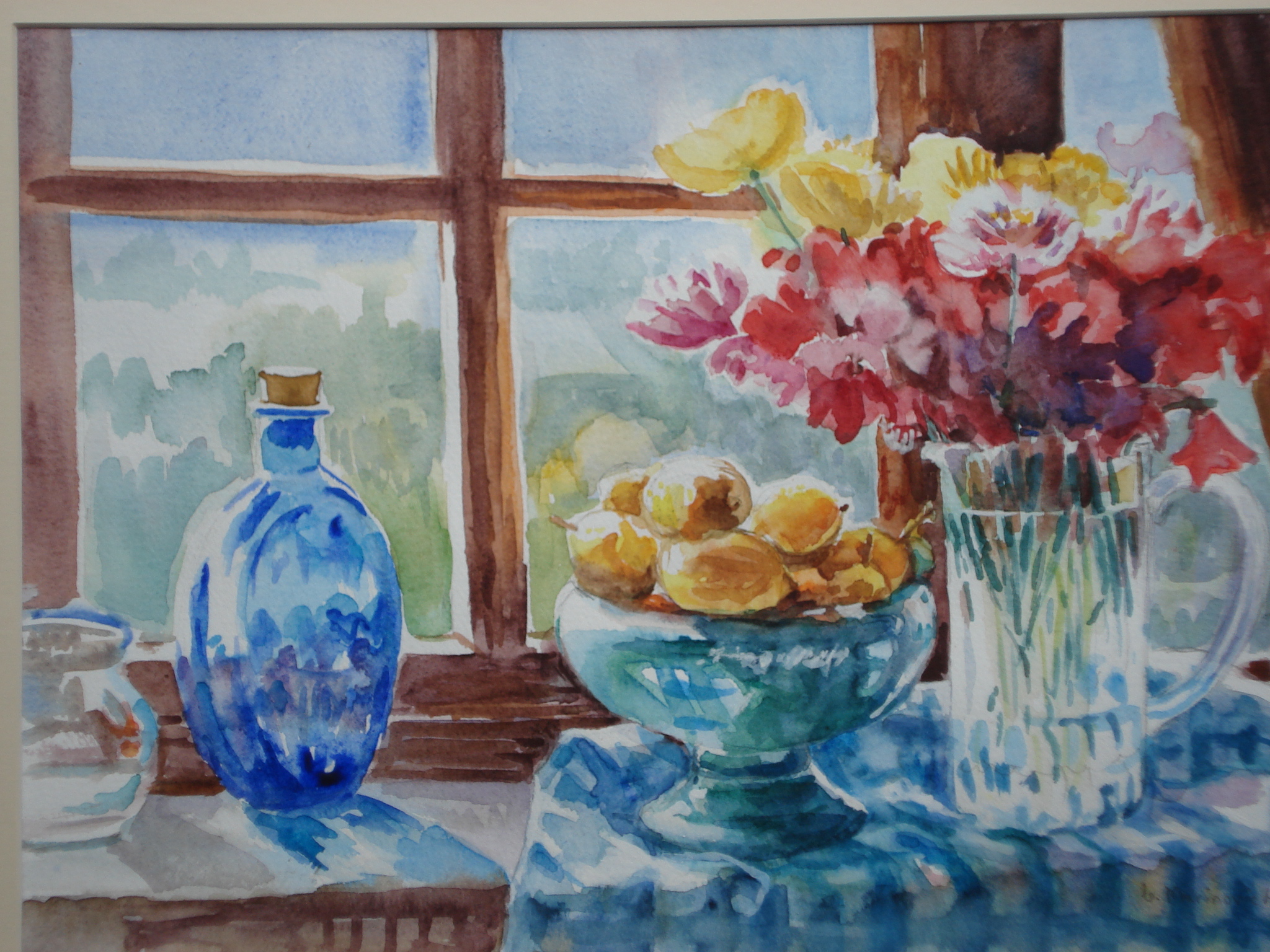 a watercolour painting of a table setting, bowl with lemons and red flowers in a vase