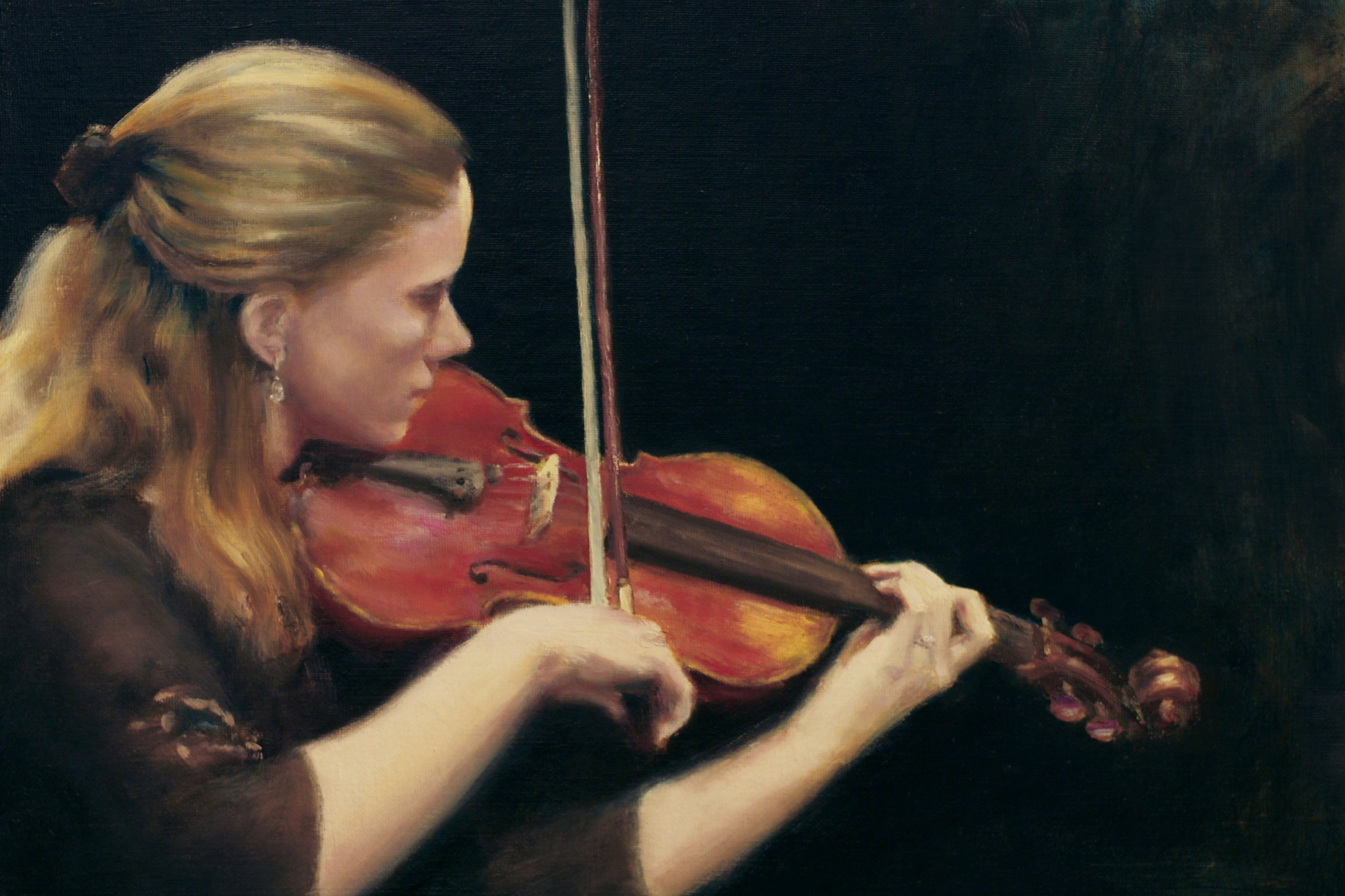 An oil painting of a blonde woman playing a wooden violin with a black background.