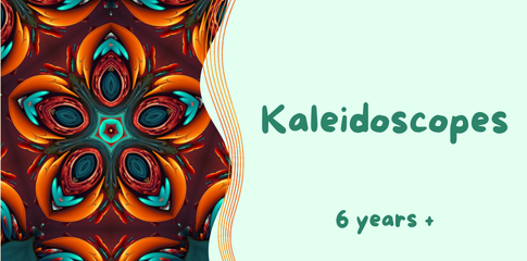 An image of the inside of a kaleidoscope - a star like pattern in lots of different colours. Name of workshop in banner.