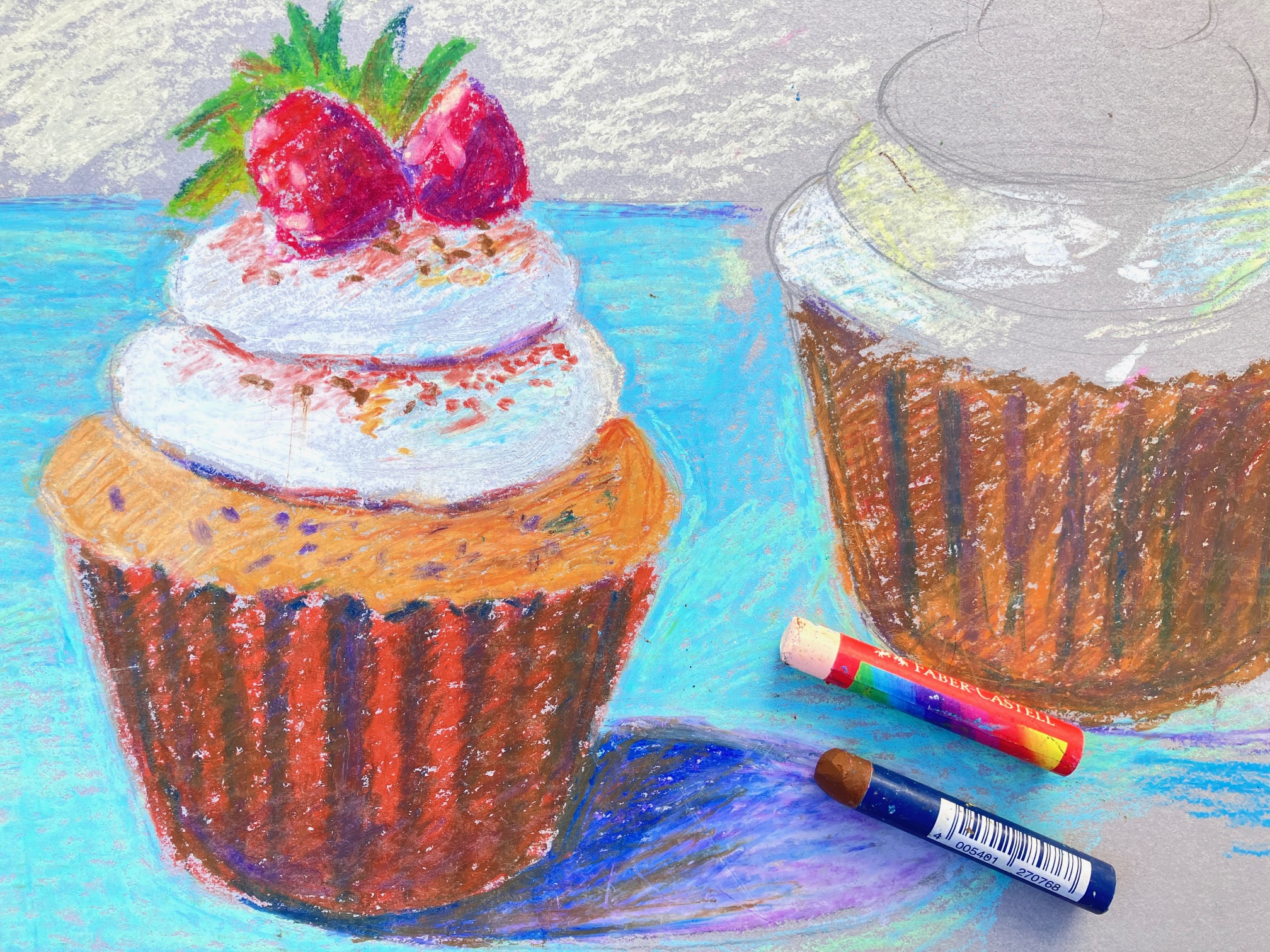 A pastel drawing with a cupcake in orange cases with frosting and cherries on top.