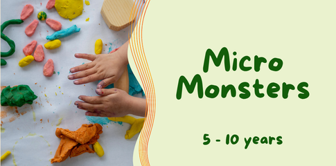An image of two small hands making shapes out of multicoloured clay, rolling it into logs. Name of workshop in a banner.