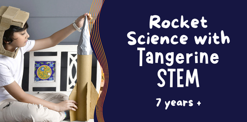 An image of a child building a rocket out of cardboard and masking tape. The name of the workshop is in the banner.