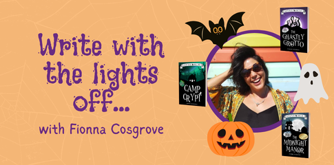 Imagine of woman wearing sunglasses smiling at the camera surrounded by spooky books, ghosts, pumpkins and a bat.