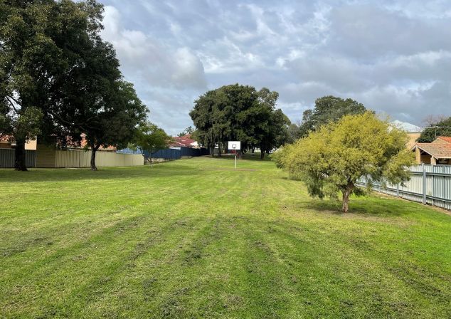 Large grassed area of park with open space, trees and half basketball court in distance 