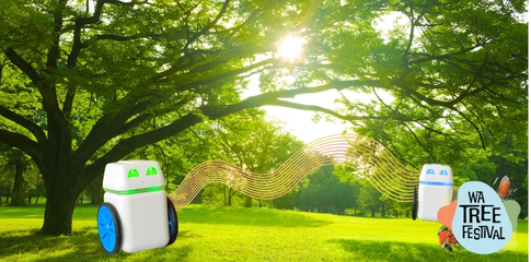 An image of two robots in a park