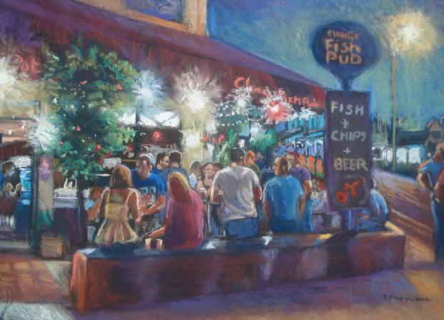 Pastel artwork of group of people sitting outside Clancys Fish Pub