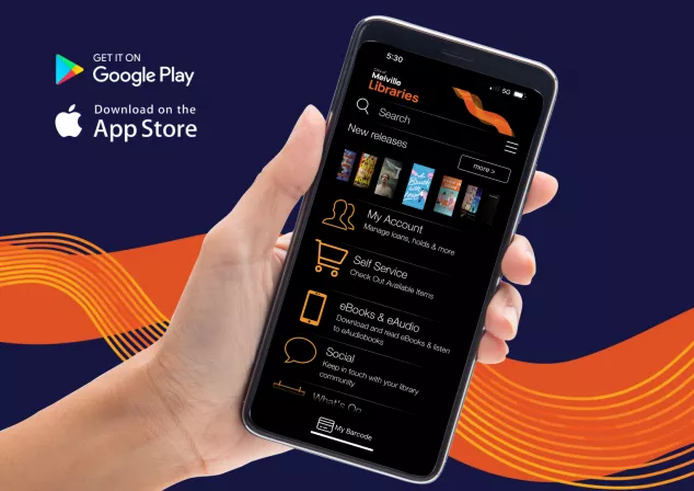 A hand holds a smartphone displaying the Melville Libraries app.