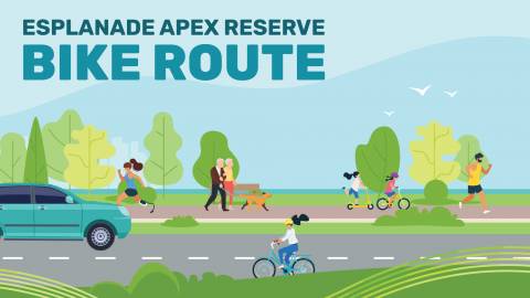 Graphic of road with cars, pedestrians on a footpath and trees