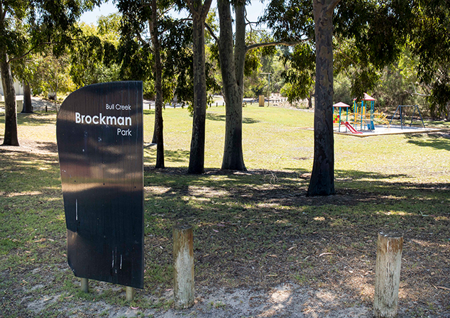 View of large trees in grassed area looking onto the Children's play ground
