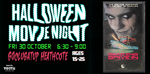 A banner for a halloween movie night featuring a VHS tape of the film Dead End Drive In.