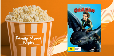 A movie poster of How to Train Your Dragon with a small viking man riding a black dragon in the sky.