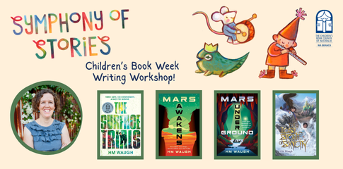 A banner featuring a picture of HM Waugh wearing a blue dress, her book covers, and some characters from the book week theme including an elf playing a flute, a mouse playing drums and a tadpole.