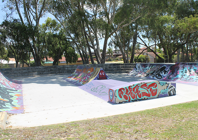 Skate park surrounded by grass and trees
