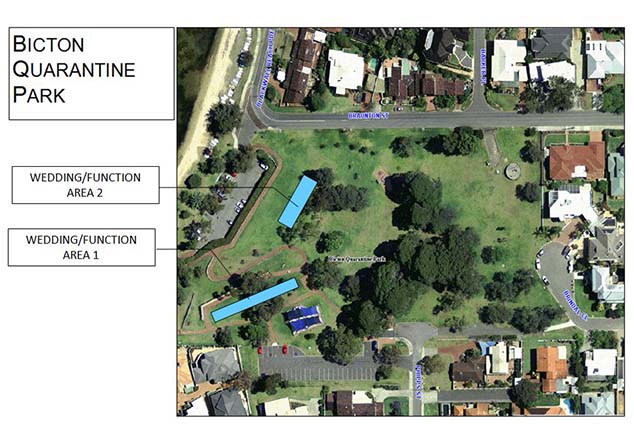 Aerial plan indicating wedding/function areas at bicton quarantine park