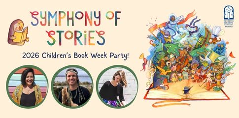 A pale yellow banner with photos of the three artists and lots of colourful creatures exploding out of an open storybook.