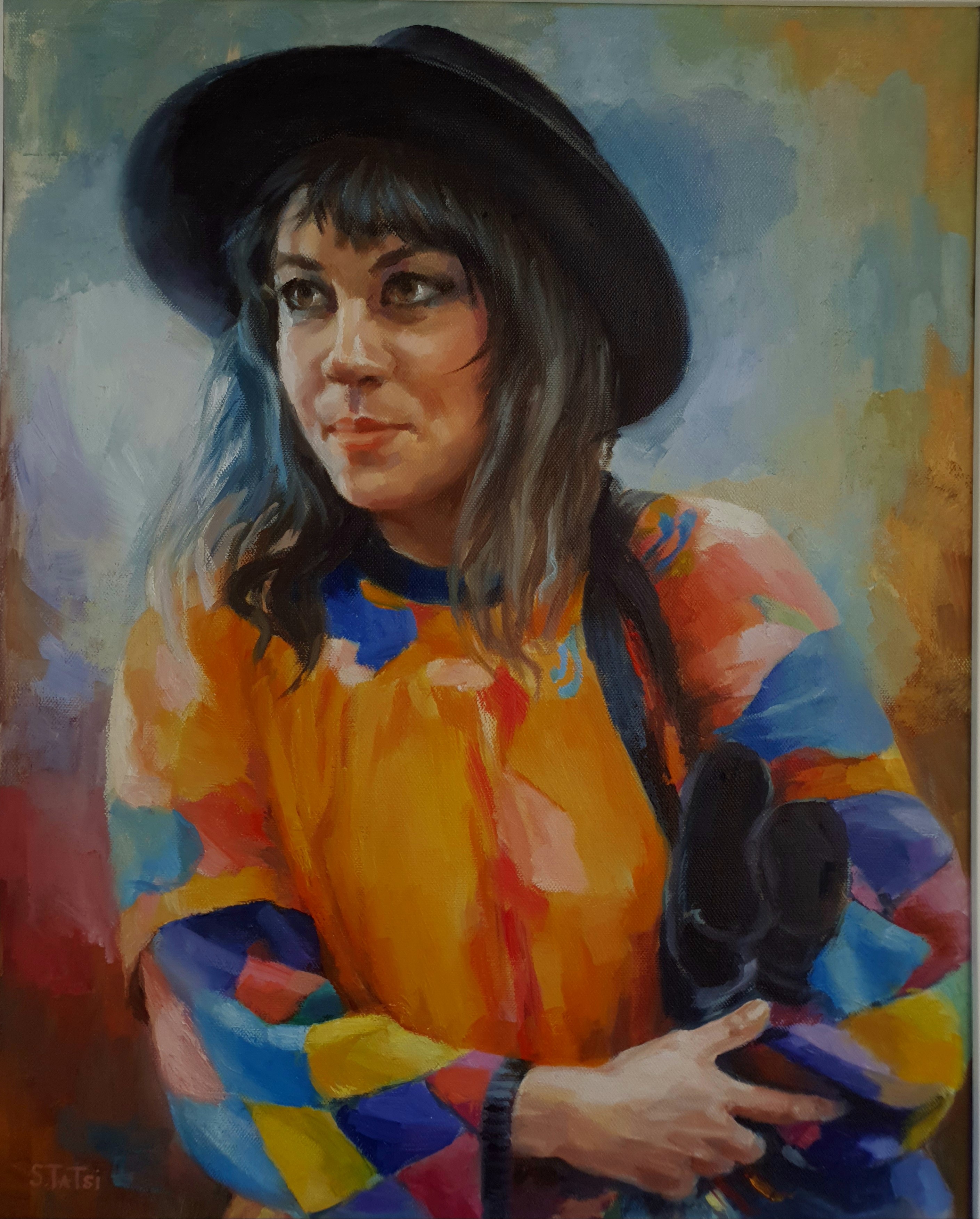 A portrait painting of a woman with a black hat and a colourful patterned shirt looking off frame to the left