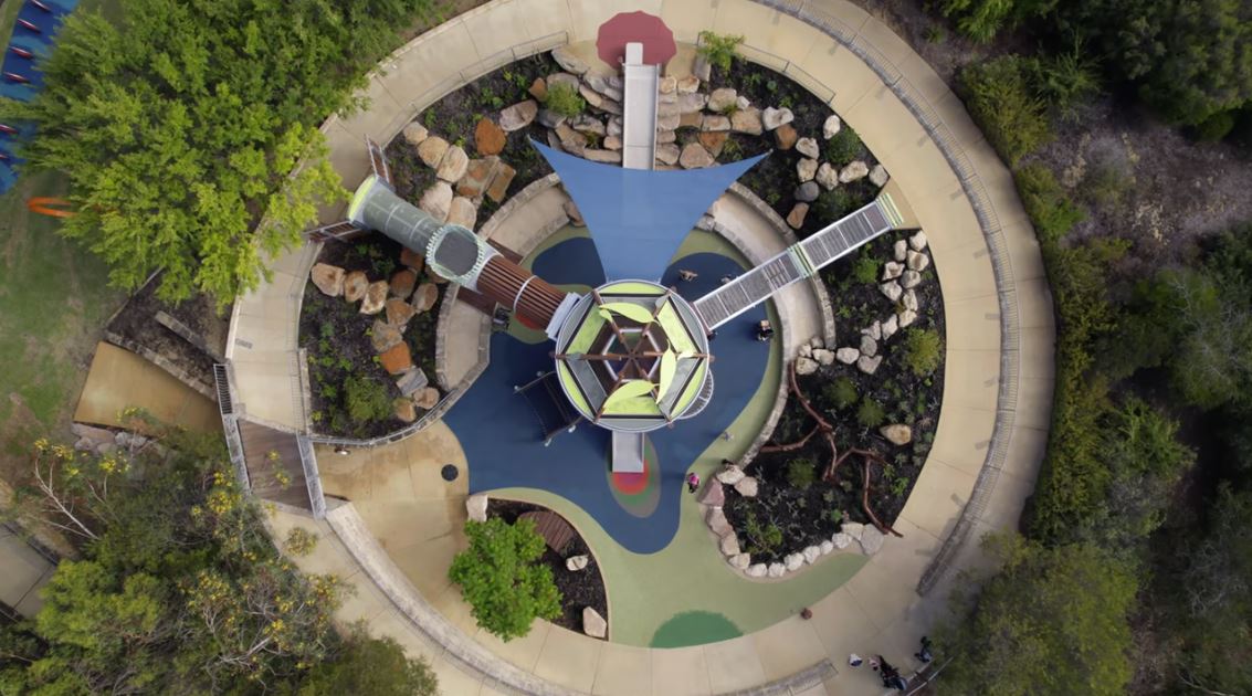 aerial photo of amphitheatre playground at piney lakes sensory play park 
