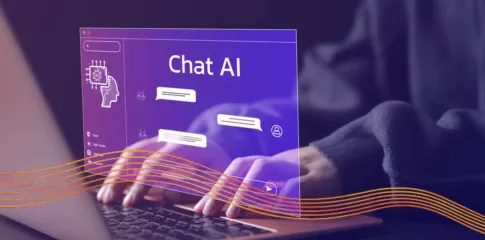 Hands type on an open laptop, an overlay displays an open Chat AI window.
