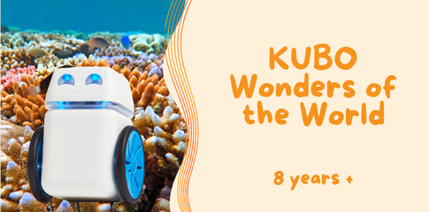 An image of a coral reef with bright beautiful corals, and a KUBO robot in front of it. Name of workshop in the banner.