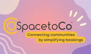 Photo of purple, pink, yellow and white swirly background with "spacetoCo connecting communities by simplifying bookings" as the main header
