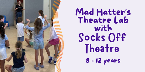 An image of children in a theatre class, posing in lots of different positions. Name of workshop in a banner.