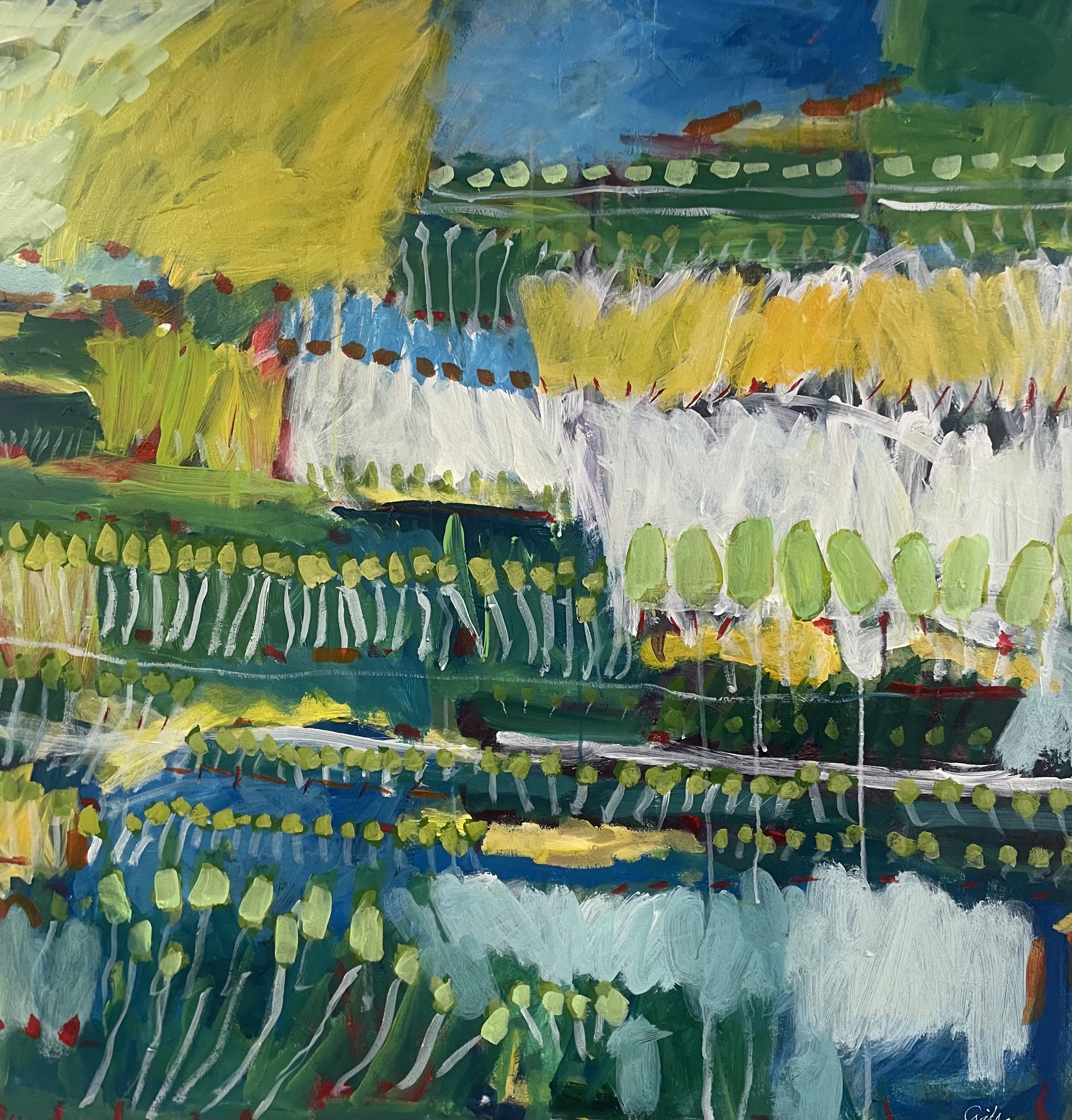 An abstract painting with lots of colourful strokes of green, yellow, white and blue.