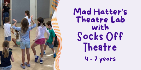 An image of children in a theatre class, posing in lots of different positions. Name of workshop in a banner.