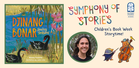 A photo of Ebony smiling in front of gum leaves with her book cover with black swans sitting in reeds next to a river.