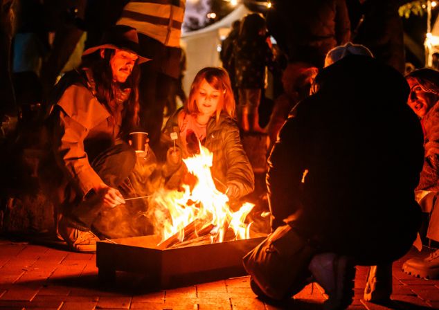 People huddled around a fire roasting marshmallows. 