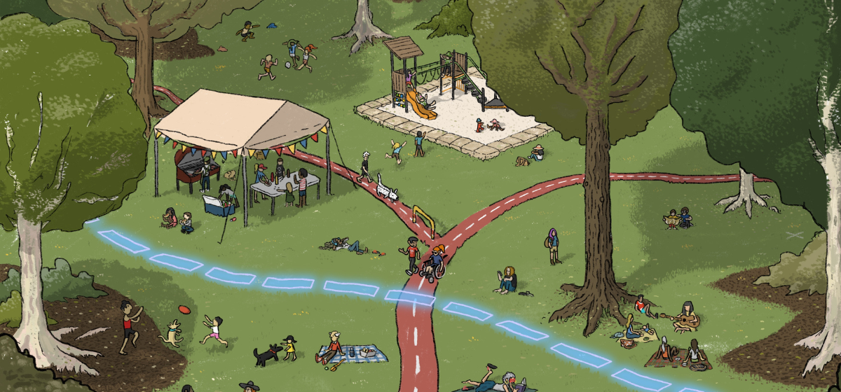 Stylised graphic of many people enjoying a park.