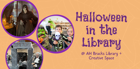 An orange banner with a spider web, with circles featuring photos of a man dressed in a ghost skeleton costume, children in halloween costumes, and a cemetery.