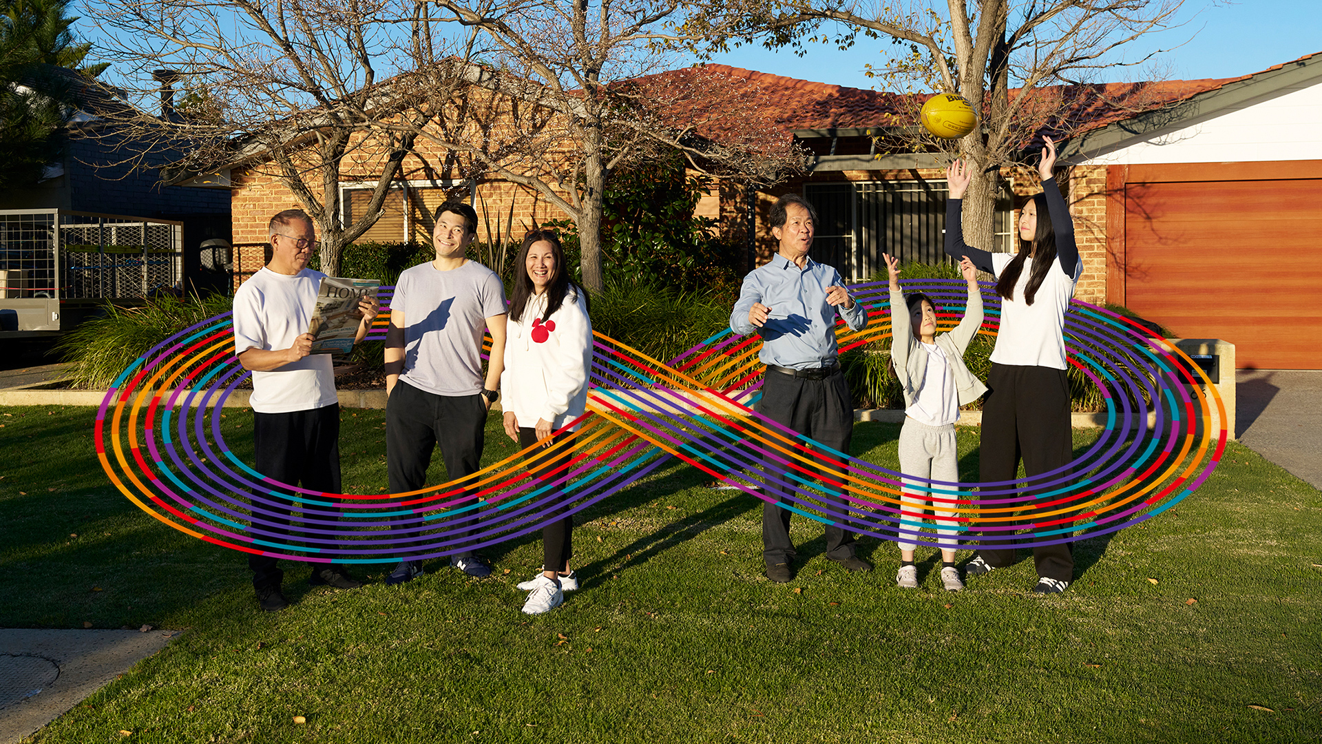 family of six on the front lawn of their house
