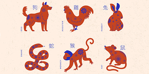 Illustrations of the animals in the Chinese Zodiac: a dog, chicken, rabbit, snake, monkey and rat.