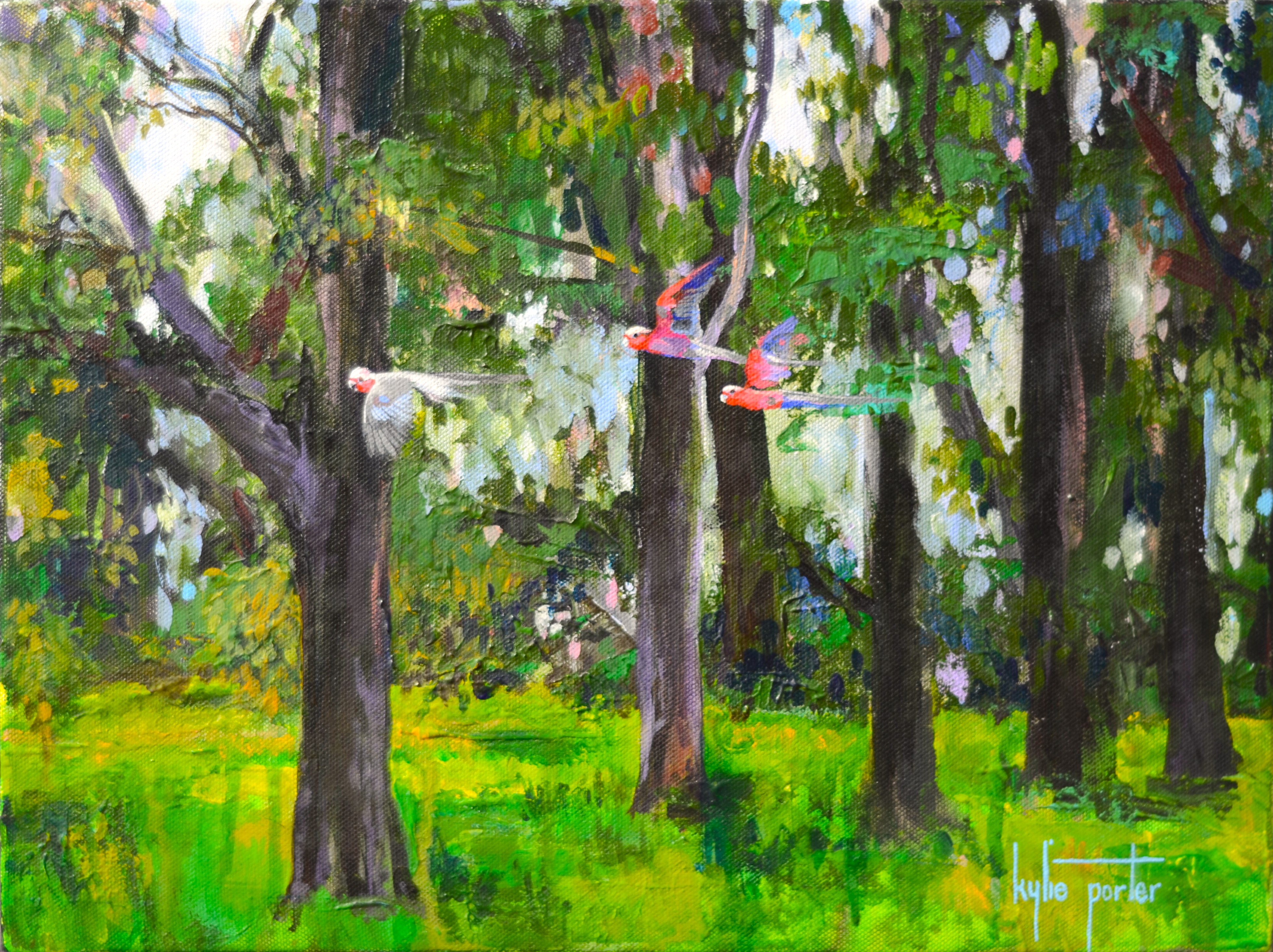 An oil painting of woodlands with pink galahs flying through the frame