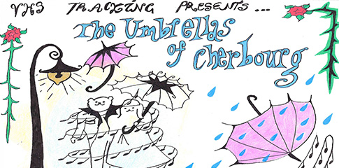 A hand-drawn promotional poster for the film 'The Umbrellas of Cherbourg'