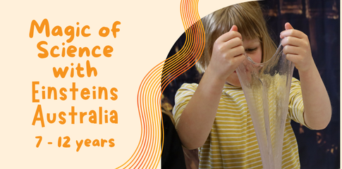 Image of child stretching slime with hands. Name of workshop on banner.