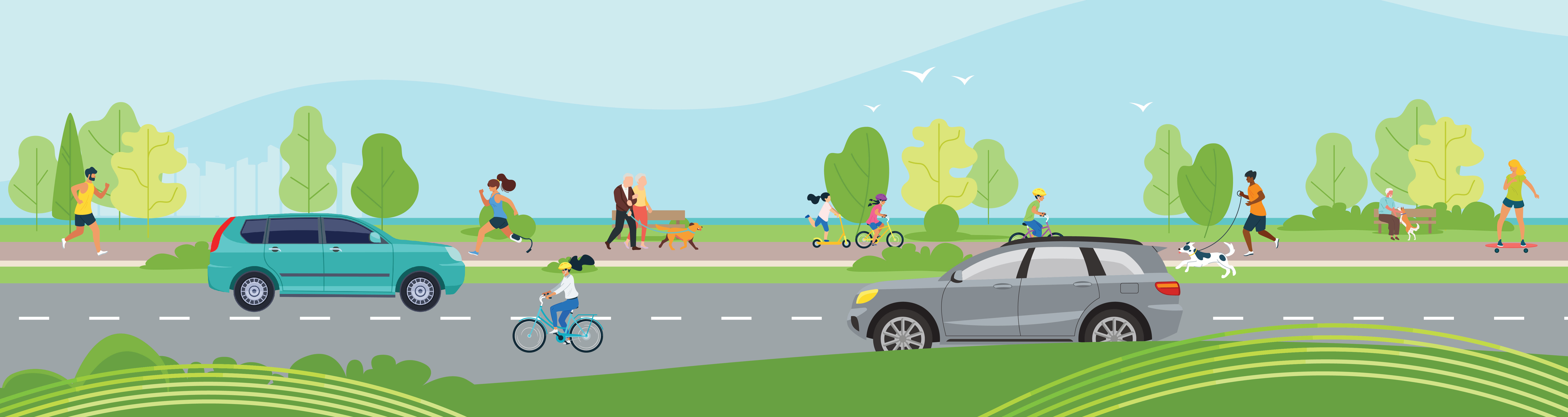 Graphic of road with cars, pedestrians on a footpath and trees