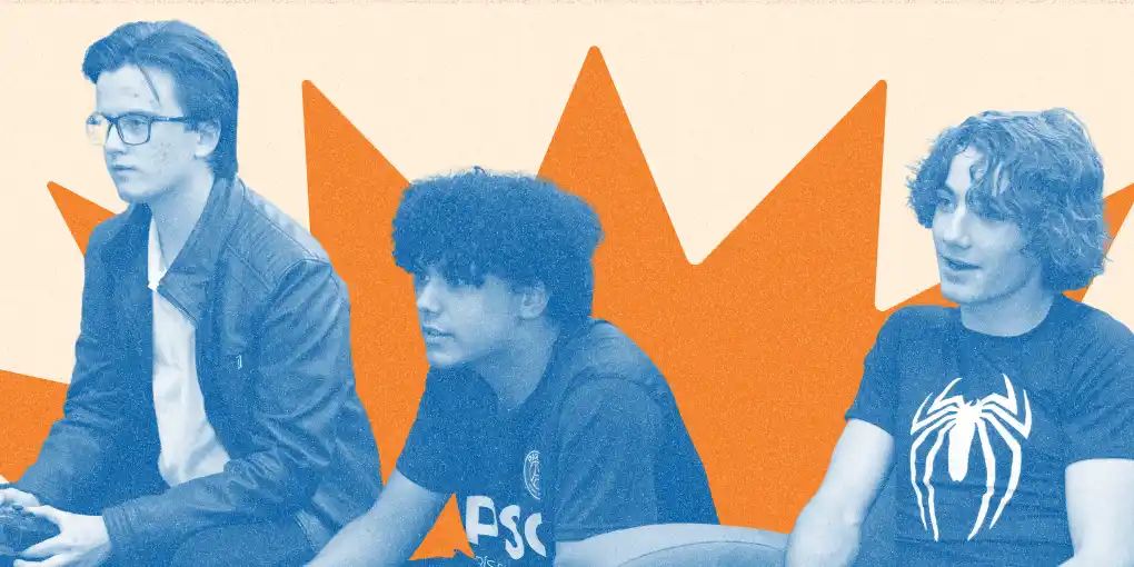 three young people holding video game controllers watching a tv