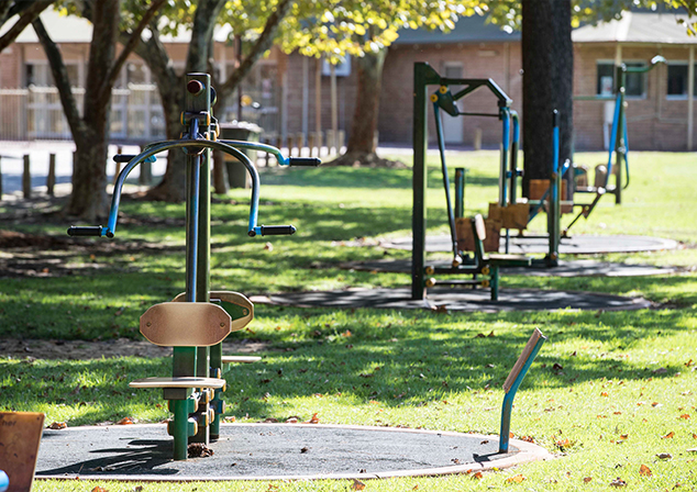 Exercise equipment in shaded grassed area
