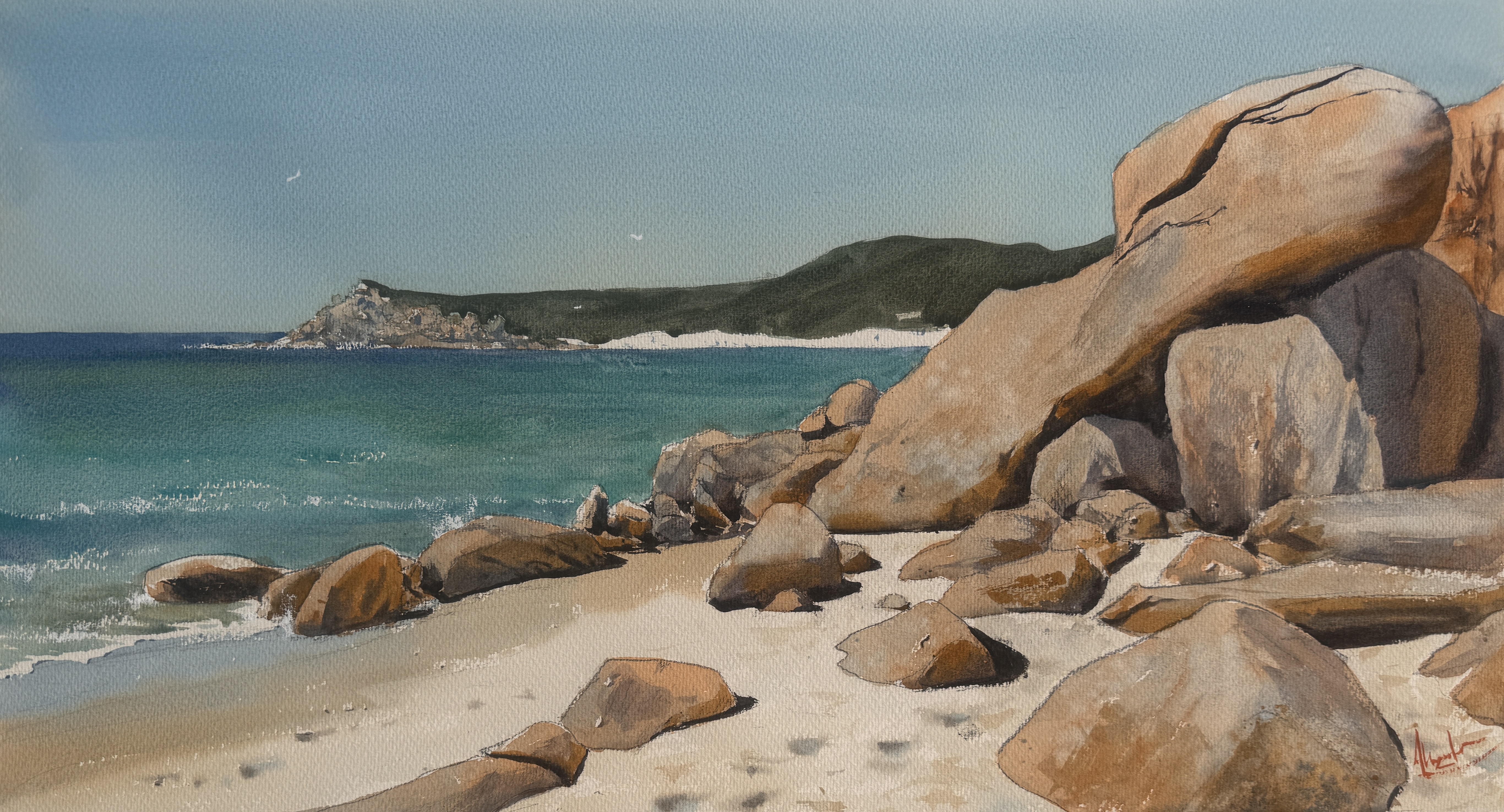 A watercolour painting of a beach and the rocky shore