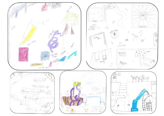 Collage of drawings by primary school students showing play equipment they'd like at the park, including large slides 